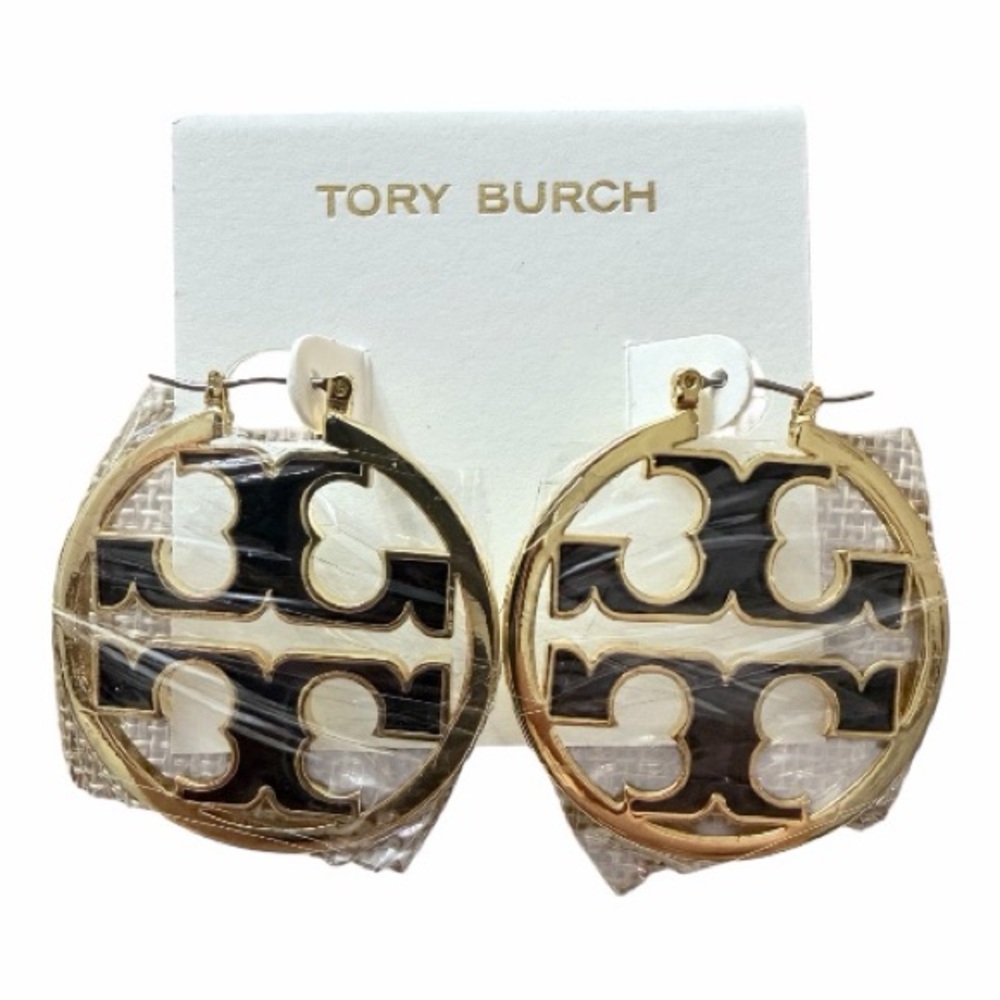 Tory Burch Black and Gold Logo Earrings